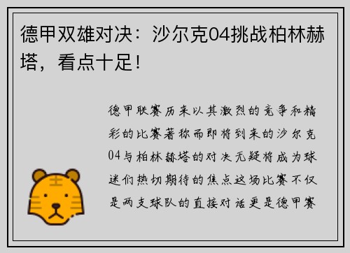 德甲双雄对决：沙尔克04挑战柏林赫塔，看点十足！